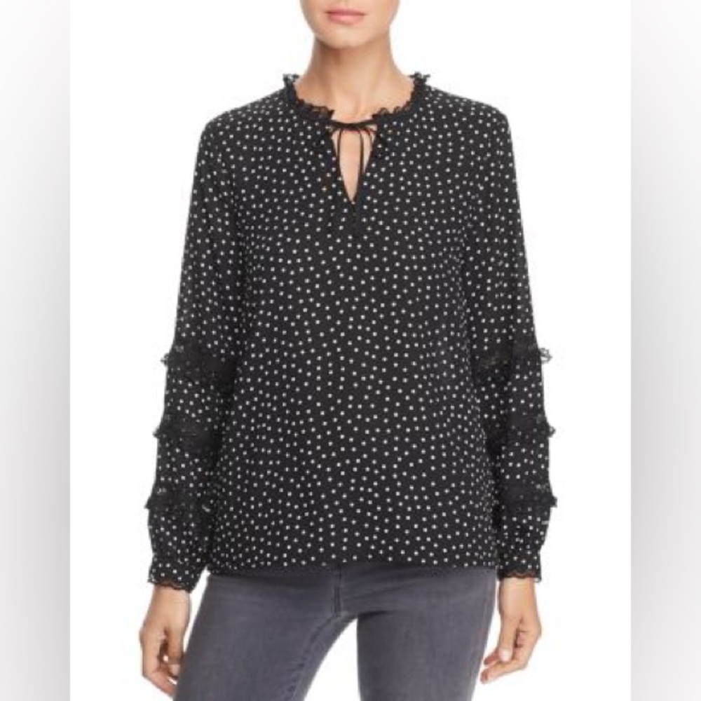 Karl Lagerfeld Paris Black and White Lace-Inset Polka Dot Blouse Size S
